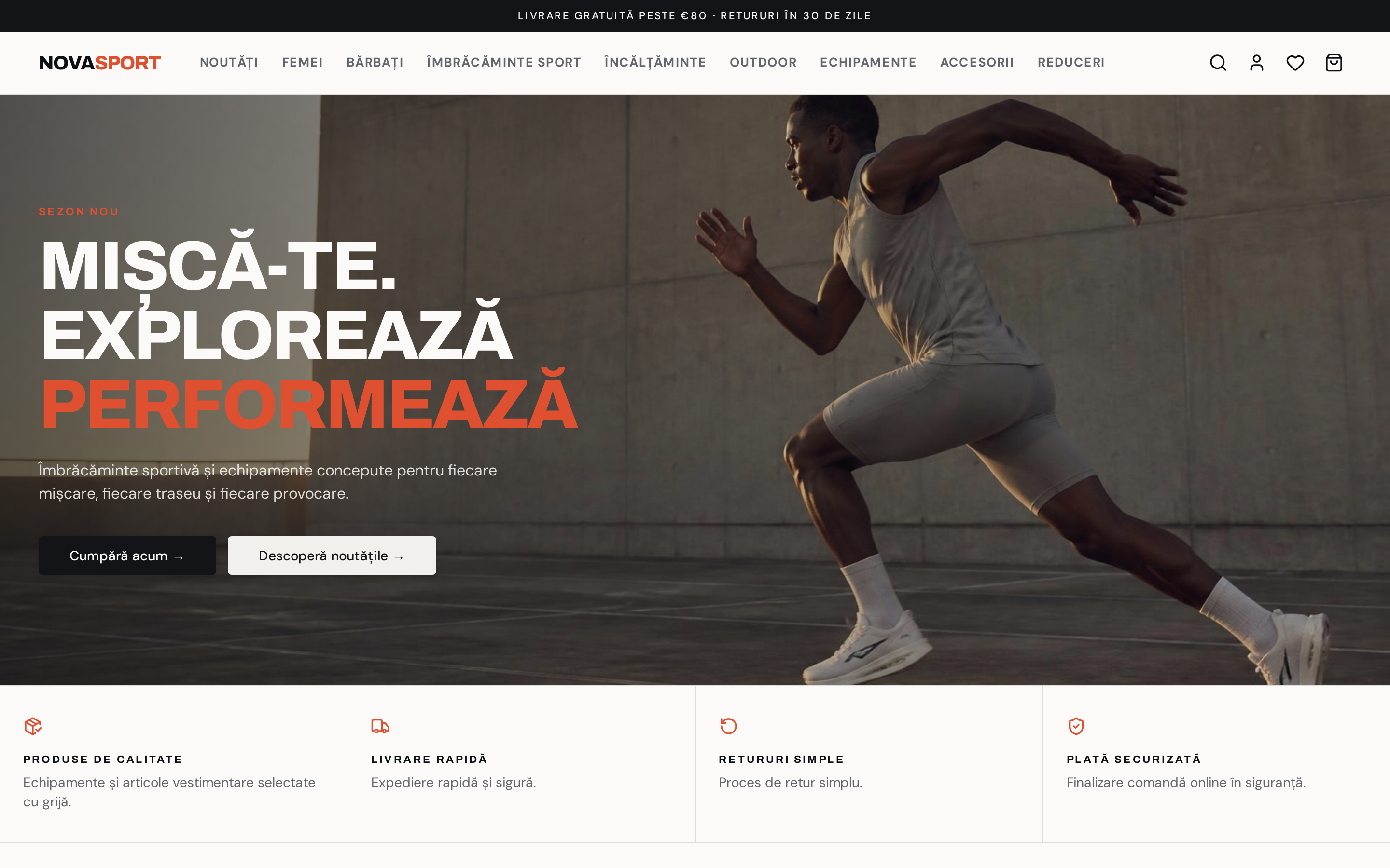 Pagina principală a magazinului demo Nova Sport — echipamente și îmbrăcăminte sport